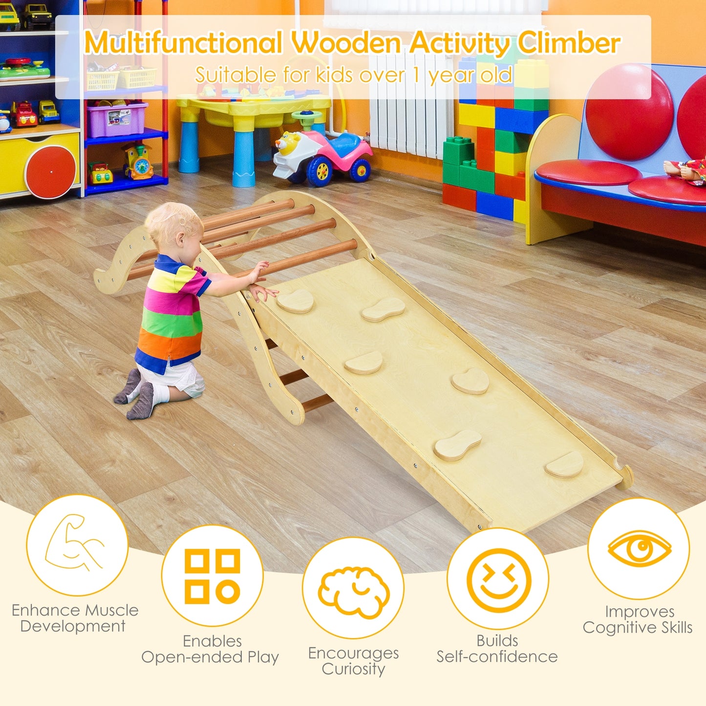 Kids Climber Set, Wooden Arch Triangle Rocker, 3-In-1 With Ramp And Mat, Natural Climbers & Slides at Gallery Canada