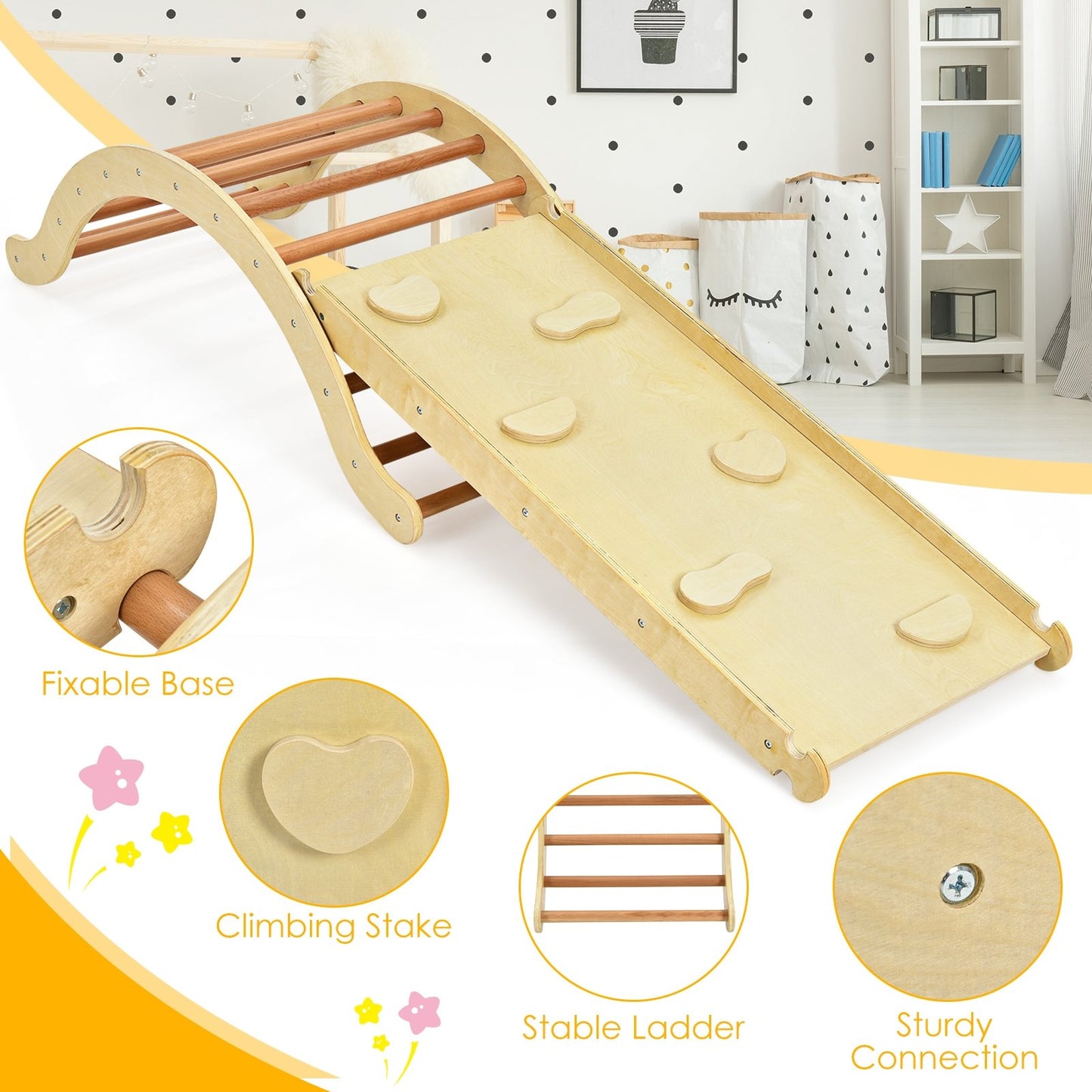 3-in-1 Kids Climber Set Wooden Arch Triangle Rocker with Ramp and Mat, Natural at Gallery Canada
