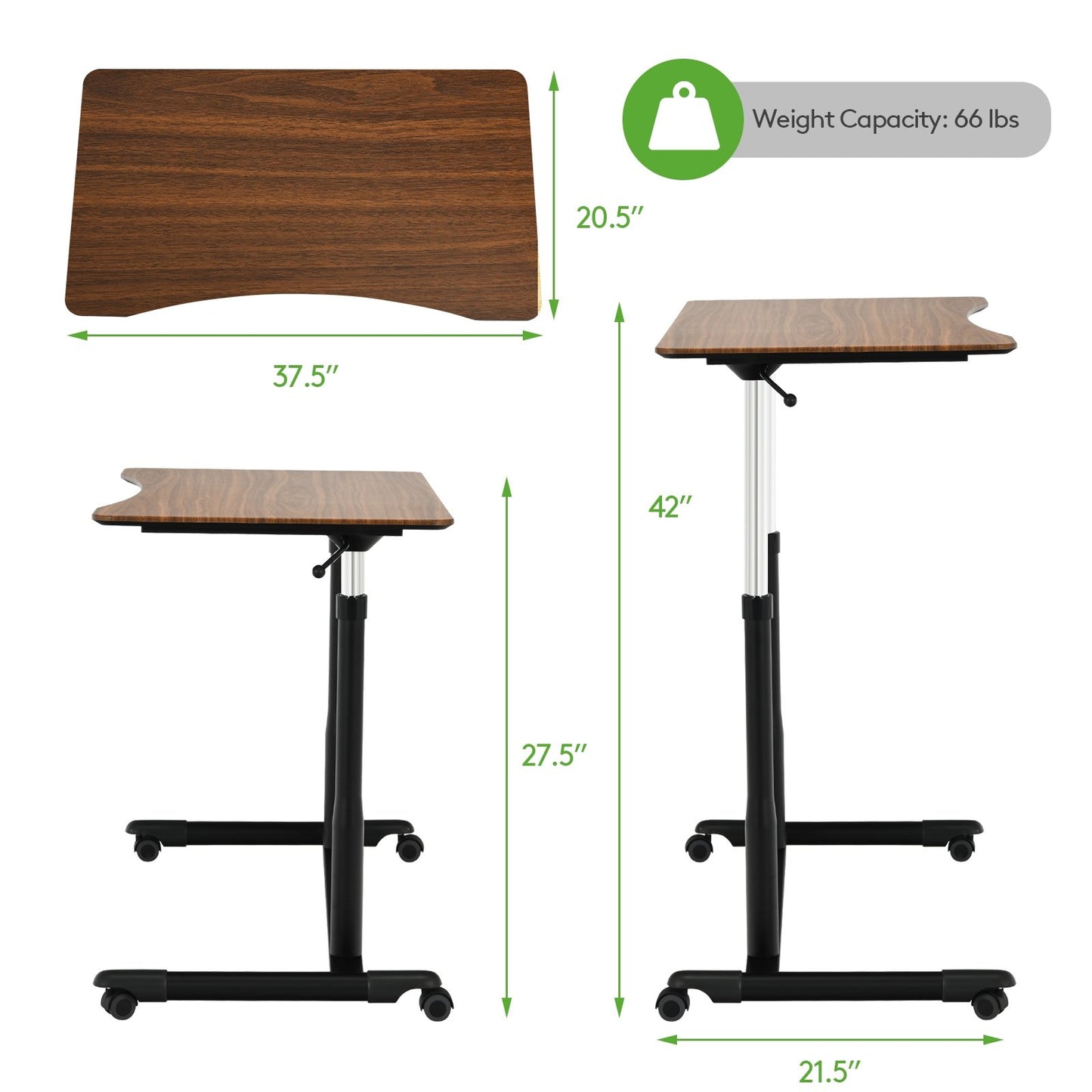 Height Adjustable Computer Desk Sit to Stand Rolling Notebook Table, Brown at Gallery Canada