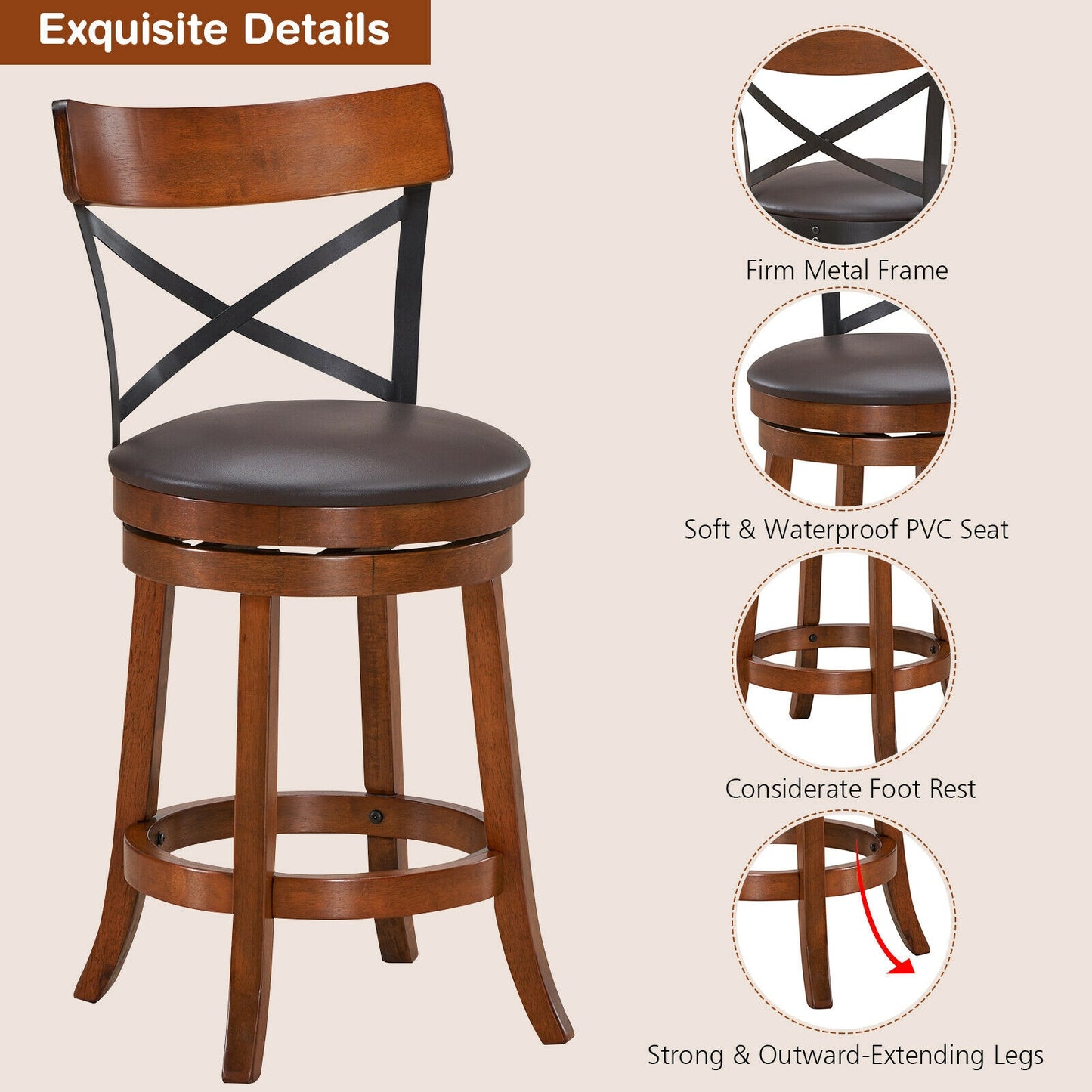 Set of 2 Bar Stools 360-Degree Swivel Dining Bar Chairs with Rubber Wood Legs-M, Walnut Bar Stools at Gallery Canada