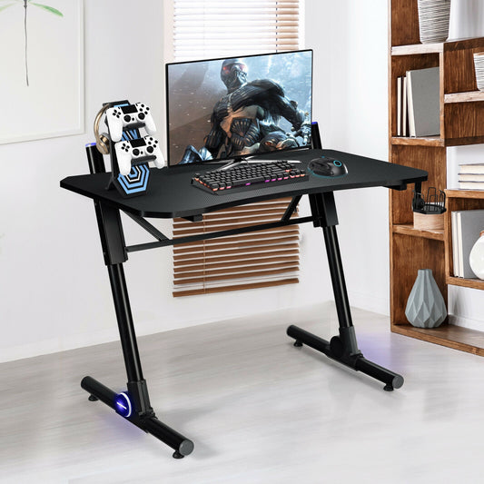 43.5 Inch Height Adjustable Gaming Desk With Blue LED Lights, Black Gaming Desks Black at Gallery Canada