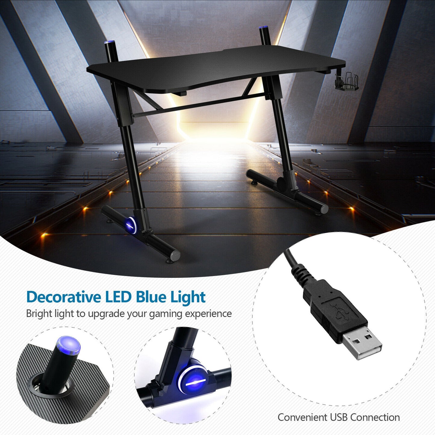 43.5 Inch Height Adjustable Gaming Desk With Blue LED Lights, Black Gaming Desks at Gallery Canada