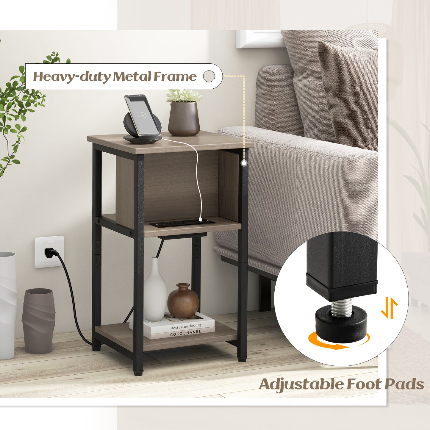 3-Tier End Table With USB Ports, Power Outlets, 2 Pieces, Gray, Black End & Side Tables at Gallery Canada