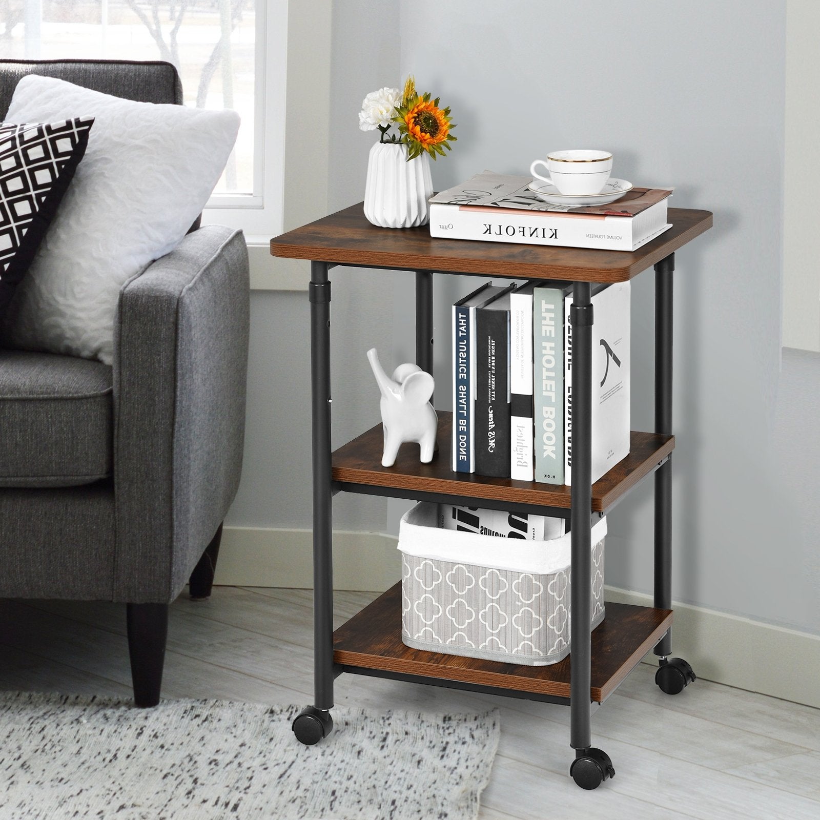 3-tier Adjustable Printer Stand with 360° Swivel Casters, Brown at Gallery Canada