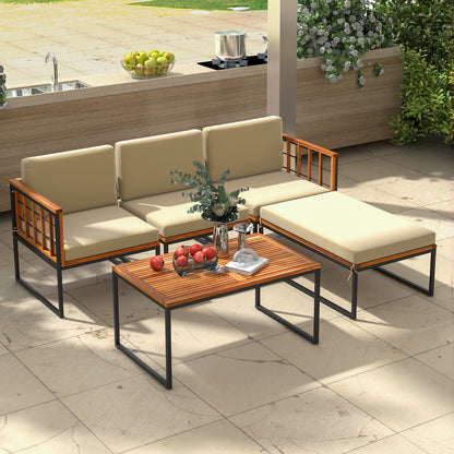 5 Pieces Patio Furniture Set Acacia Wood Sectional Set with Heavy-Duty Metal Frame, Beige