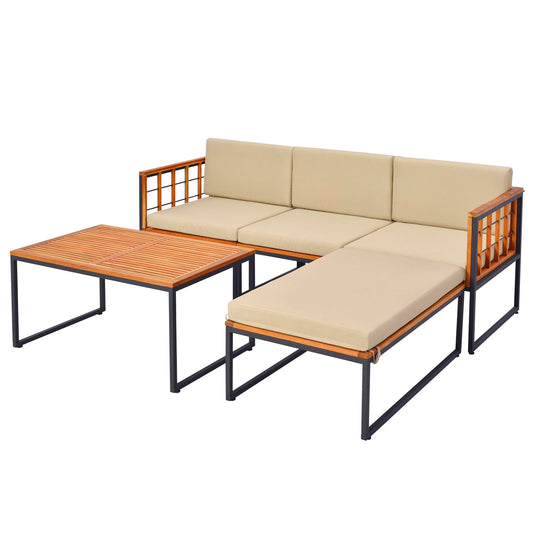5 Pieces Patio Furniture Set Acacia Wood Sectional Set with Heavy-Duty Metal Frame, Beige