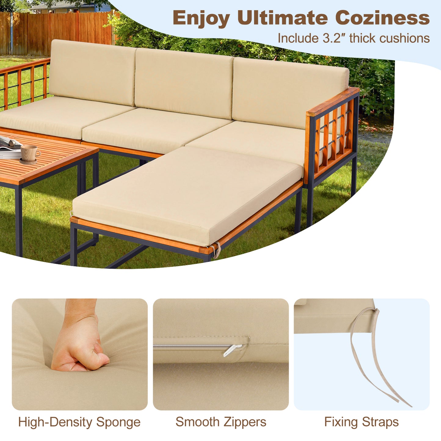 5 Piece Acacia Wood Patio Furniture Set, Heavy Duty Metal Frame, Beige Outdoor Sectionals at Gallery Canada