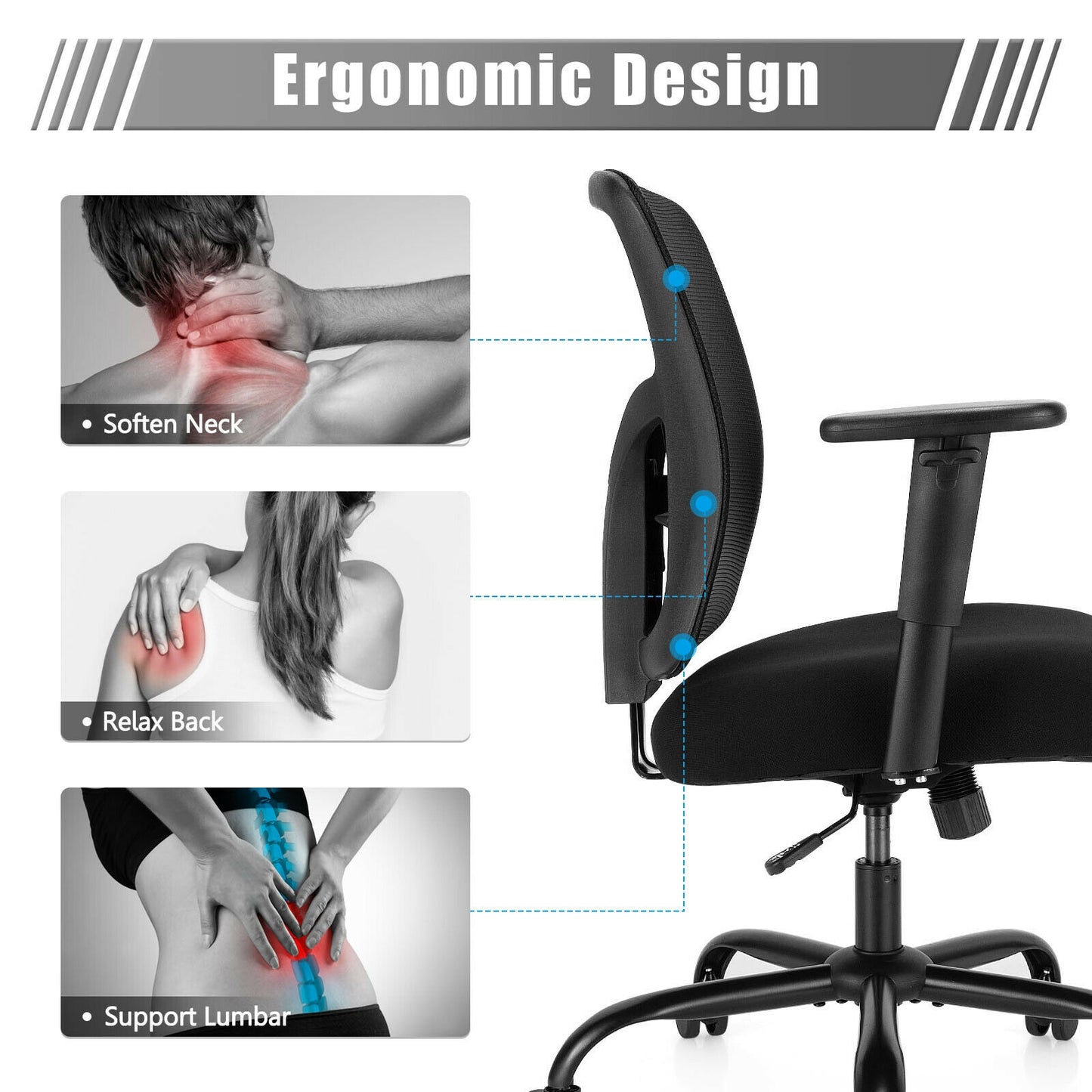 400LBS Mesh Big And Tall Office Chair, Swivel Task Chair, Black Big and Tall Chairs at Gallery Canada