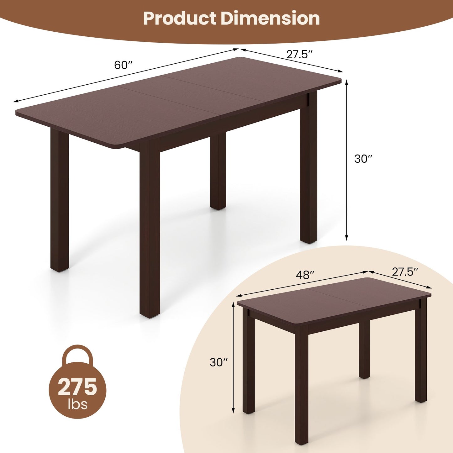 Extendable Folding Dining Table with Rubber Wood Frame and Safety Locks, Coffee