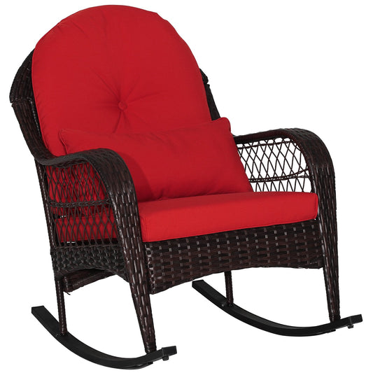 Patio Rattan Rocking Chair with Seat Back Cushions and Waist Pillow, Red