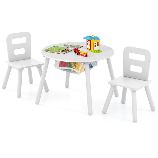 Wood Activity Kids Table and Chair Set with Center Mesh Storage, White