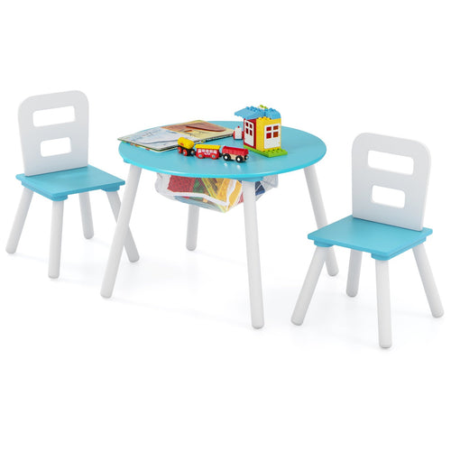 Wood Activity Kids Table and Chair Set with Center Mesh Storage, Blue