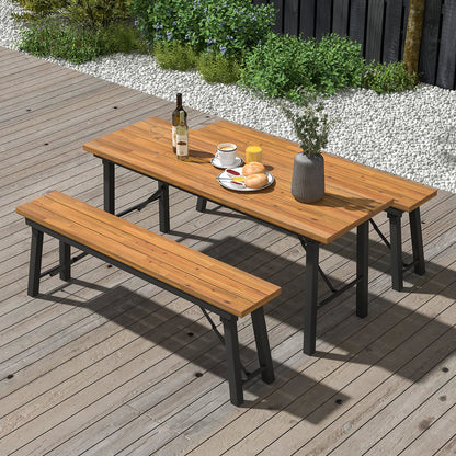 Outdoor Dining Table and Bench Set with Acacia Wood Top for Yard Garden Poolside, Natural