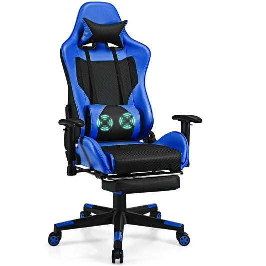 PU Leather Gaming Chair with USB Massage Lumbar Pillow and Footrest, Blue at Gallery Canada