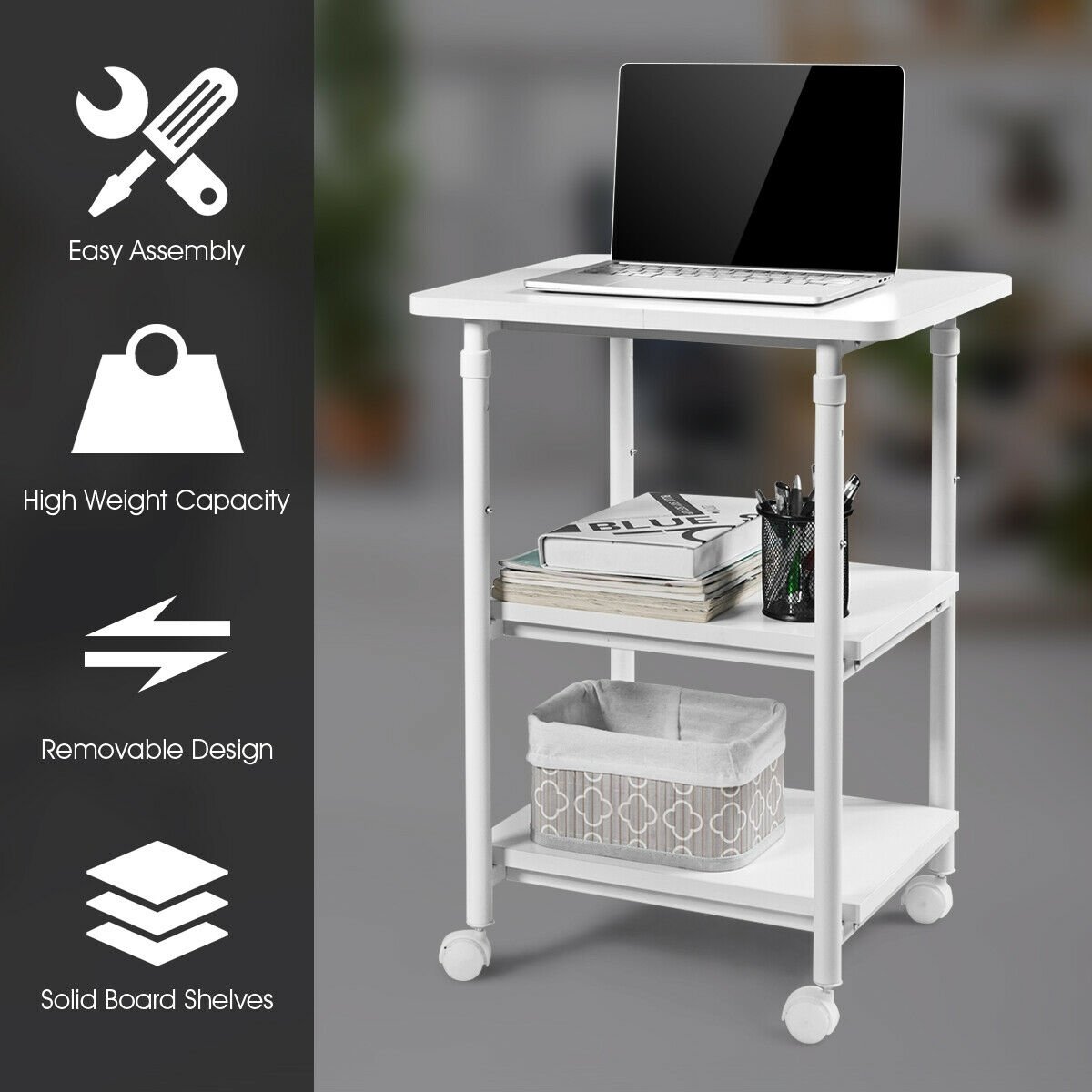 3-tier Adjustable Printer Stand with 360° Swivel Casters, White at Gallery Canada