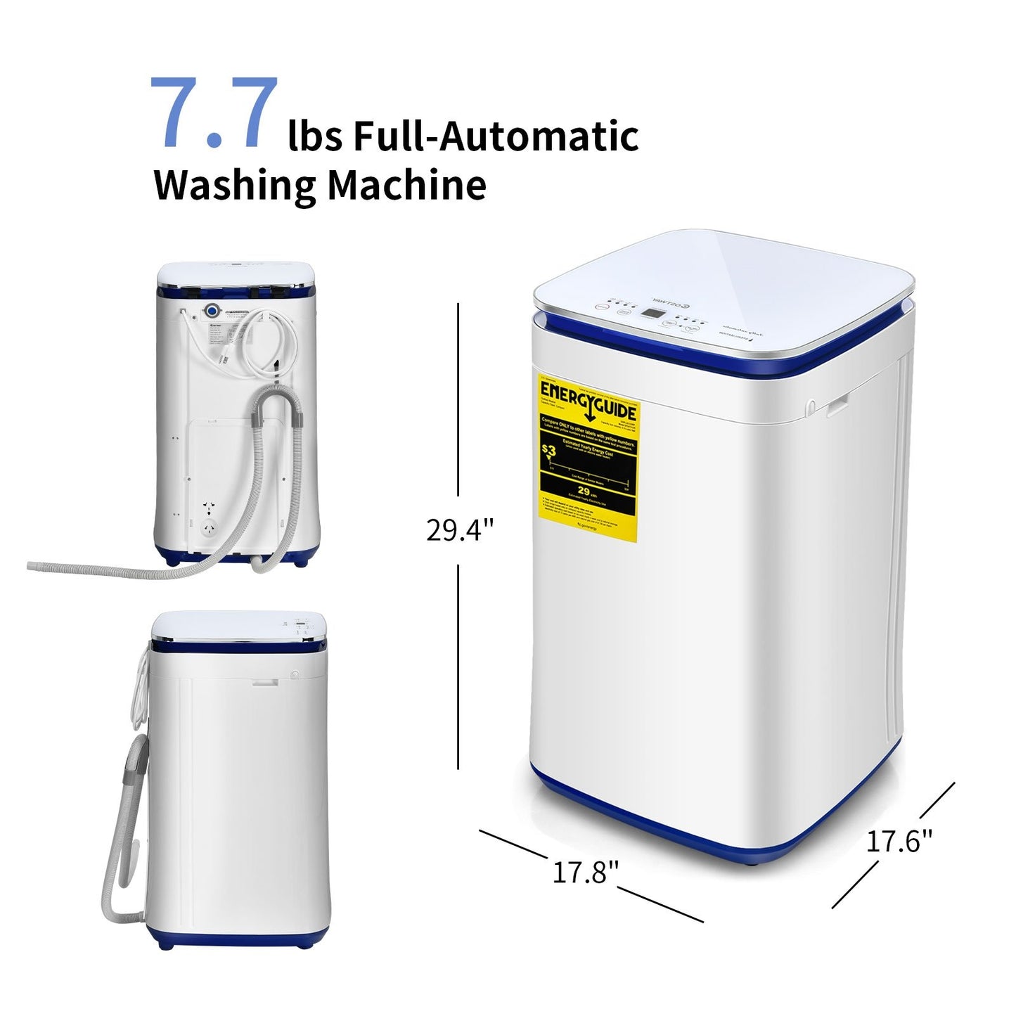 7.7 lbs Compact Full Automatic Washing Machine with Heating Function Pump, White