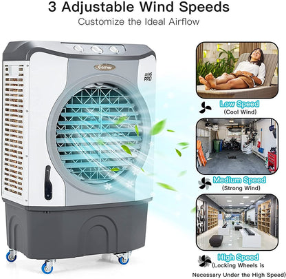 4-in-1 Industrial Evaporative Air Cooler Fan with 12 Gallon Tank and Wheels, Gray