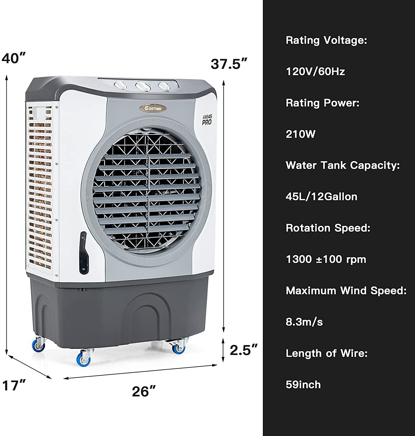 4-in-1 Industrial Evaporative Air Cooler Fan with 12 Gallon Tank and Wheels, Gray