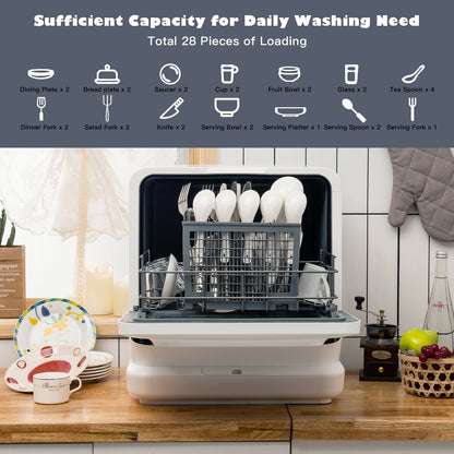 Portable Countertop Dishwasher Air Drying 5 Programs with 7.5L Water Tank, White