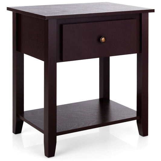Nightstand with Drawer and Storage Shelf for Bedroom Living Room, Dark Brown