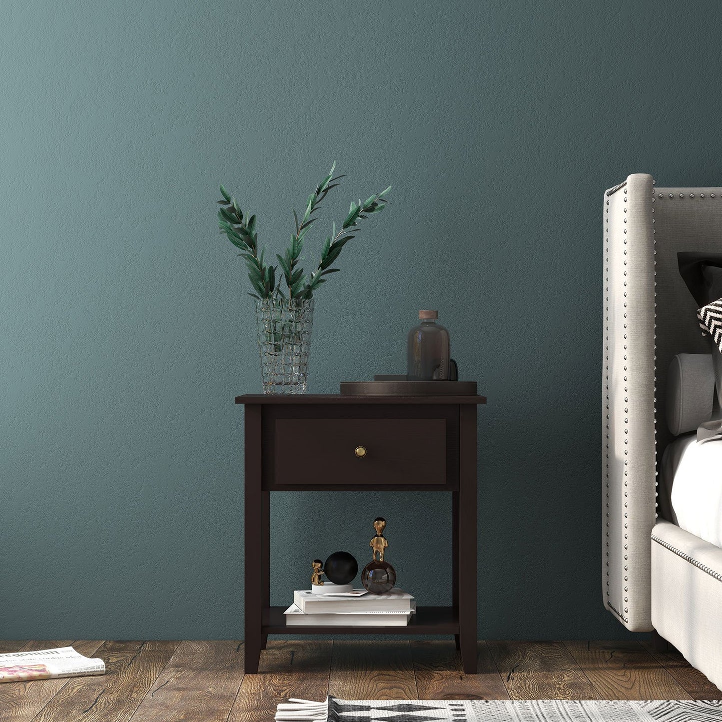 Nightstand with Drawer and Storage Shelf for Bedroom Living Room, Dark Brown at Gallery Canada