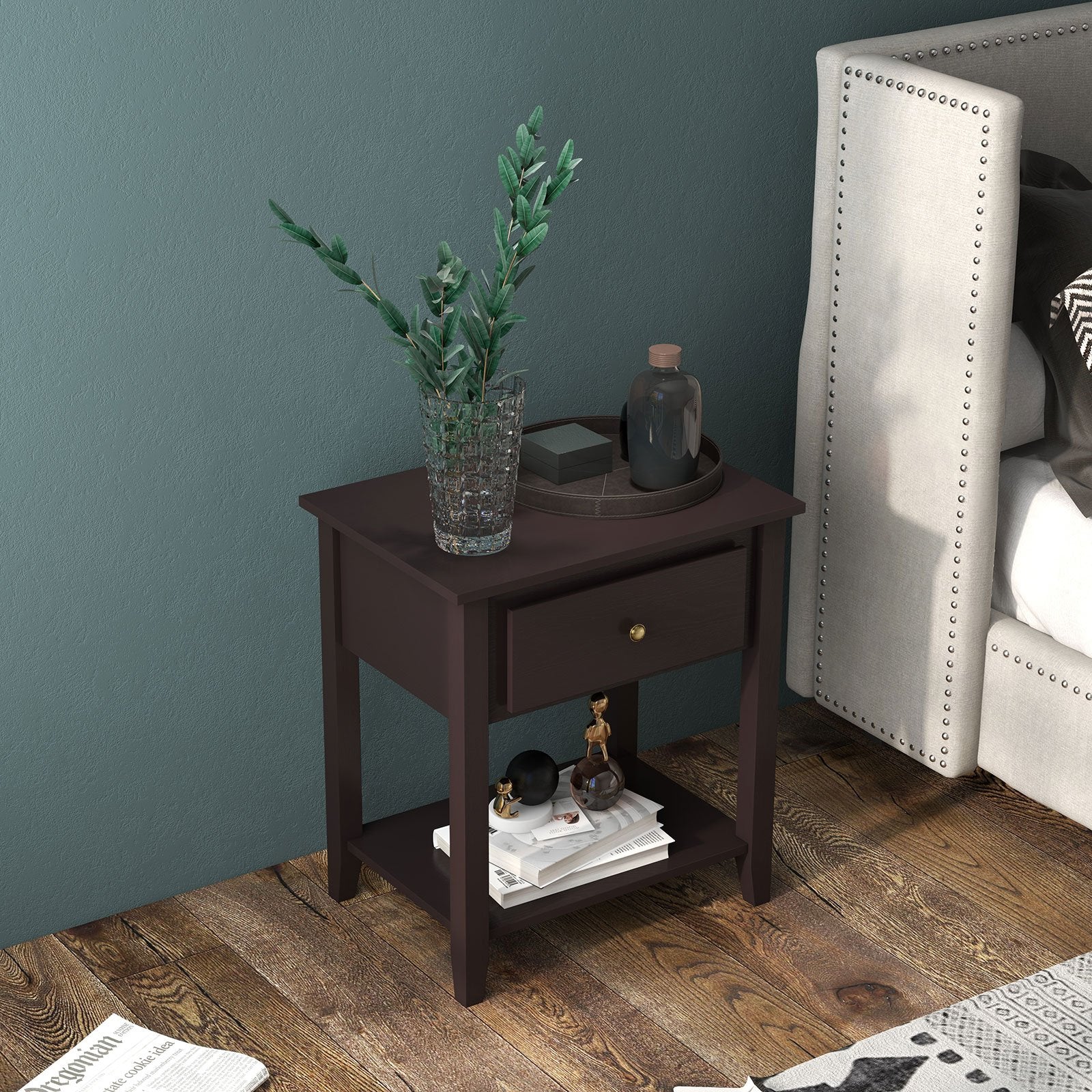 Nightstand with Drawer and Storage Shelf for Bedroom Living Room, Dark Brown at Gallery Canada