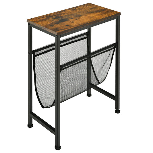 Narrow End Table with Magazine Holder Sling for Small Space, Rustic Brown