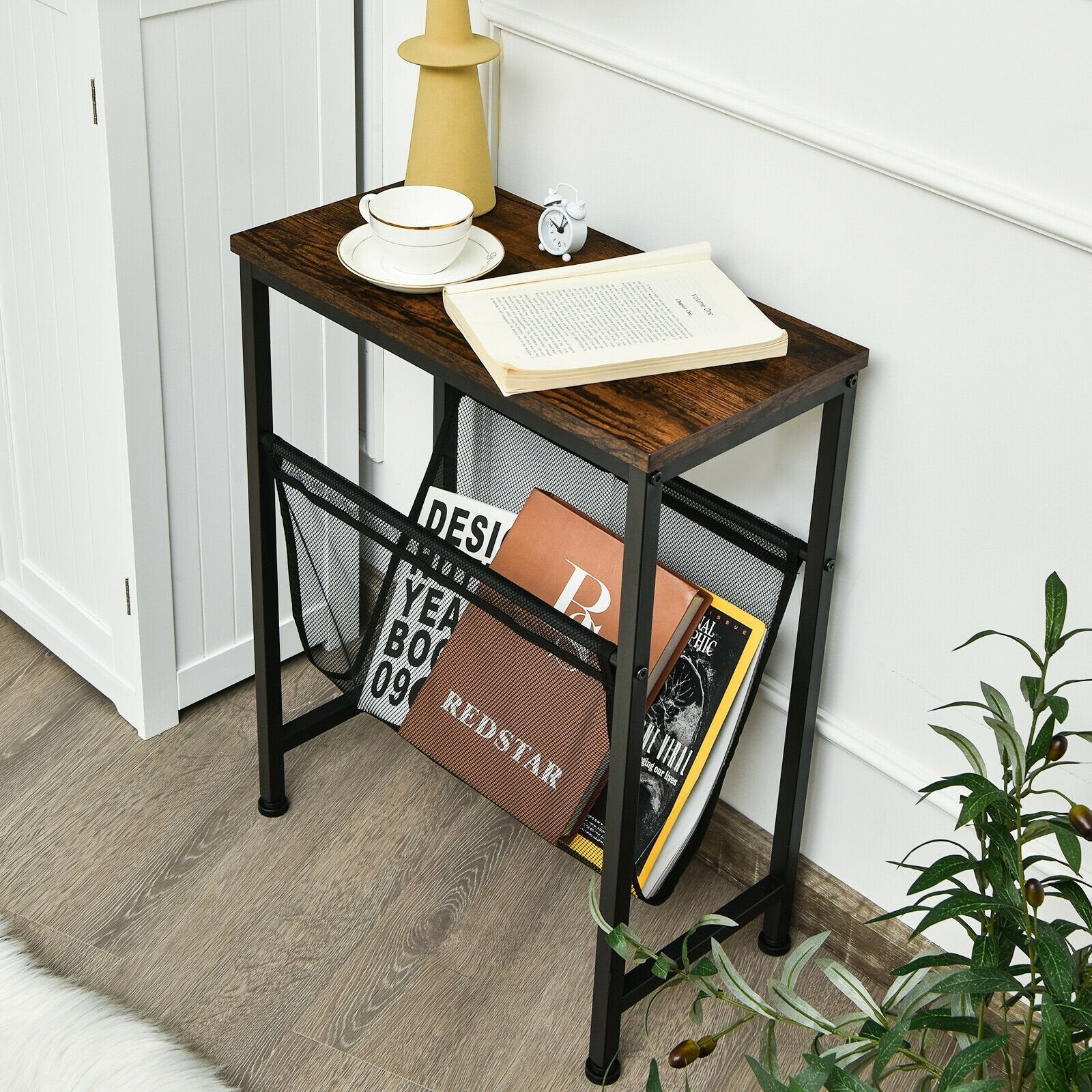 Narrow End Table with Magazine Holder Sling for Small Space, Rustic Brown at Gallery Canada