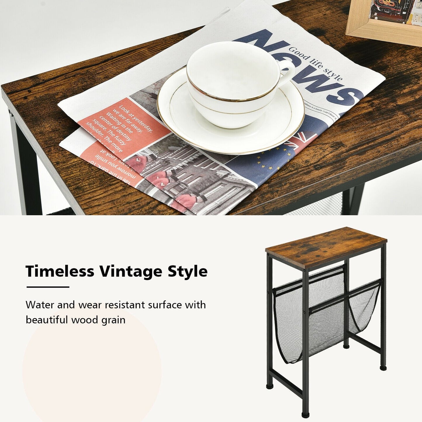 Narrow End Table with Magazine Holder Sling for Small Space, Rustic Brown at Gallery Canada