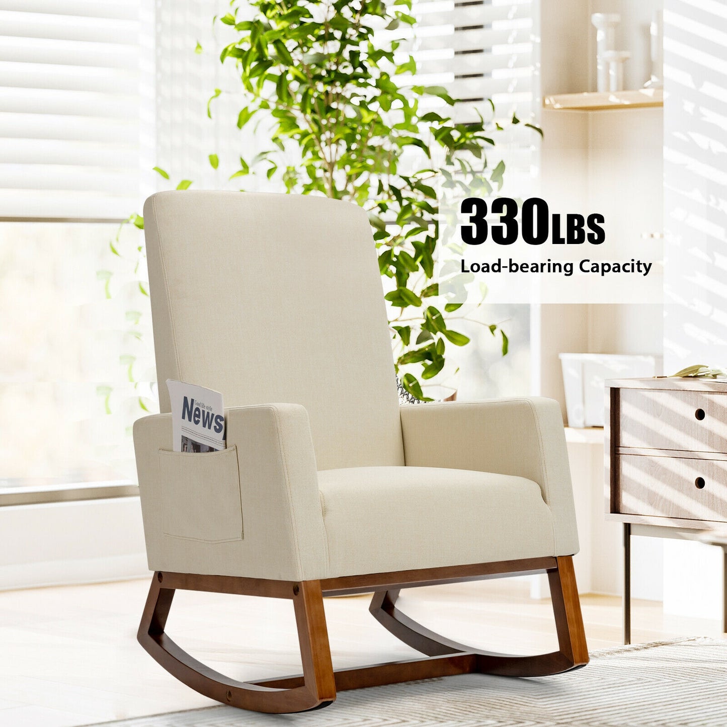 Rocking High Back Upholstered Lounge Armchair with Side Pocket, Beige Accent Chairs at Gallery Canada