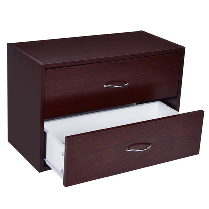 2-Drawer Dresser Horiztonal Organizer End Table Nightstand with Handle Wood, Brown