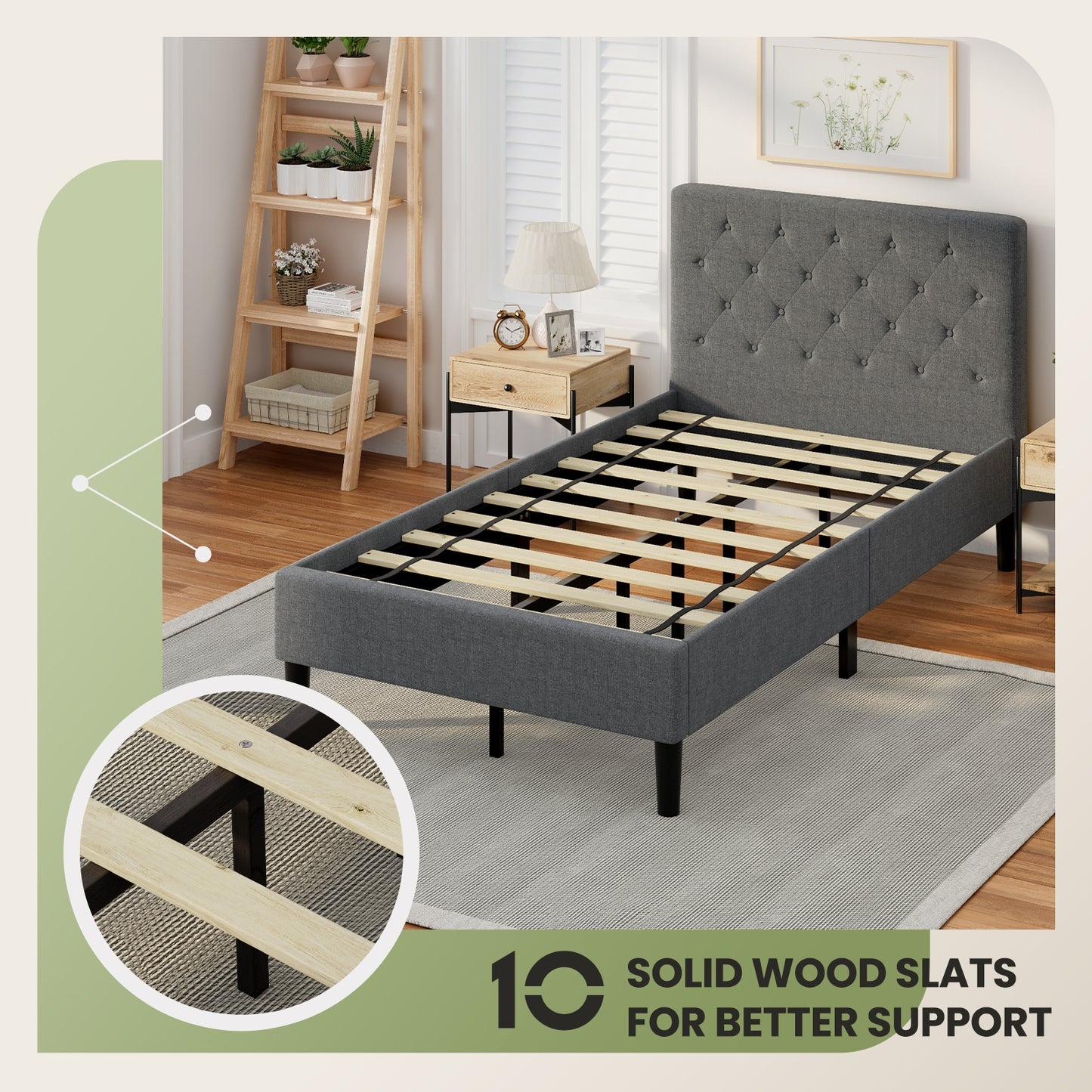 Upholstered Bed Base With Button Stitched Headboard, Black Simple Bed Frame at Gallery Canada