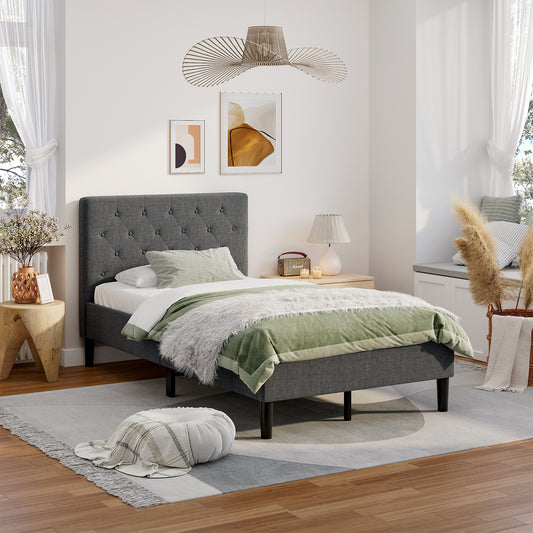 Upholstered Bed Base With Button Stitched Headboard, Black Simple Bed Frame Black at Gallery Canada