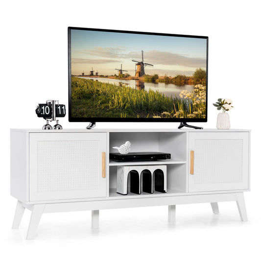 TV Stand Entertainment Media Console with 2 Rattan Cabinets and Open Shelves, White