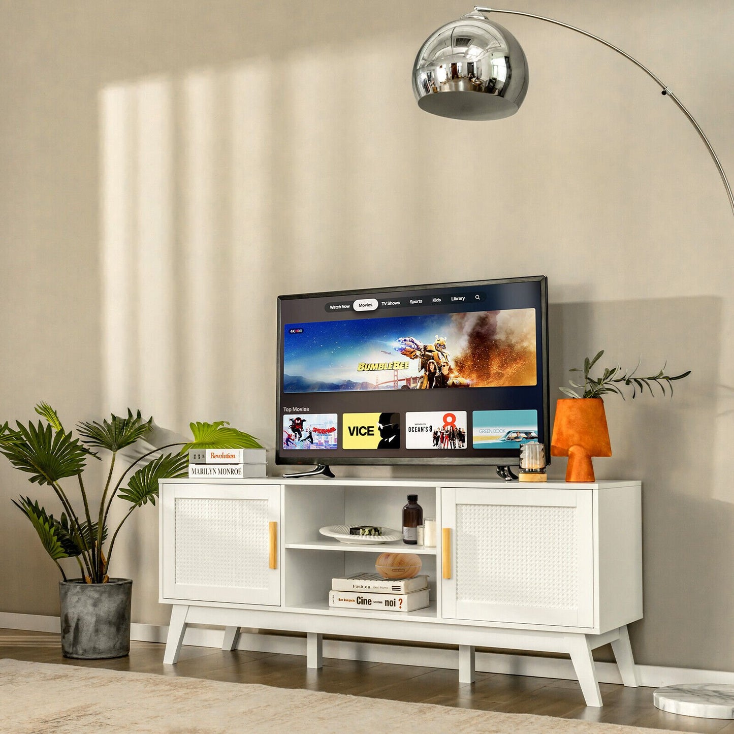 TV Stand Entertainment Media Console with 2 Rattan Cabinets and Open Shelves, White at Gallery Canada
