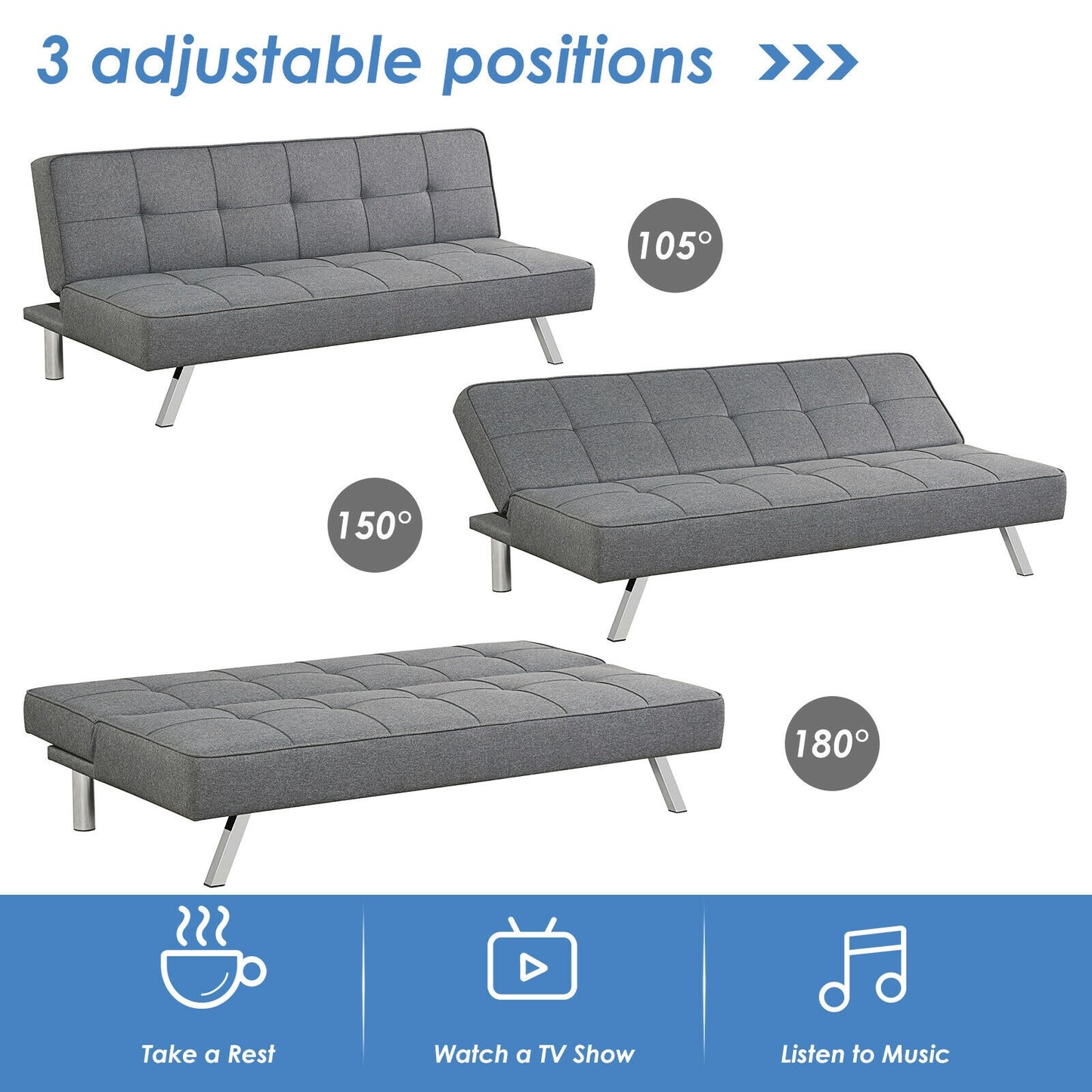 3-Seat Convertible Sofa Bed with High-Density Sponge for Living Room, Gray Sofas & Loveseats at Gallery Canada
