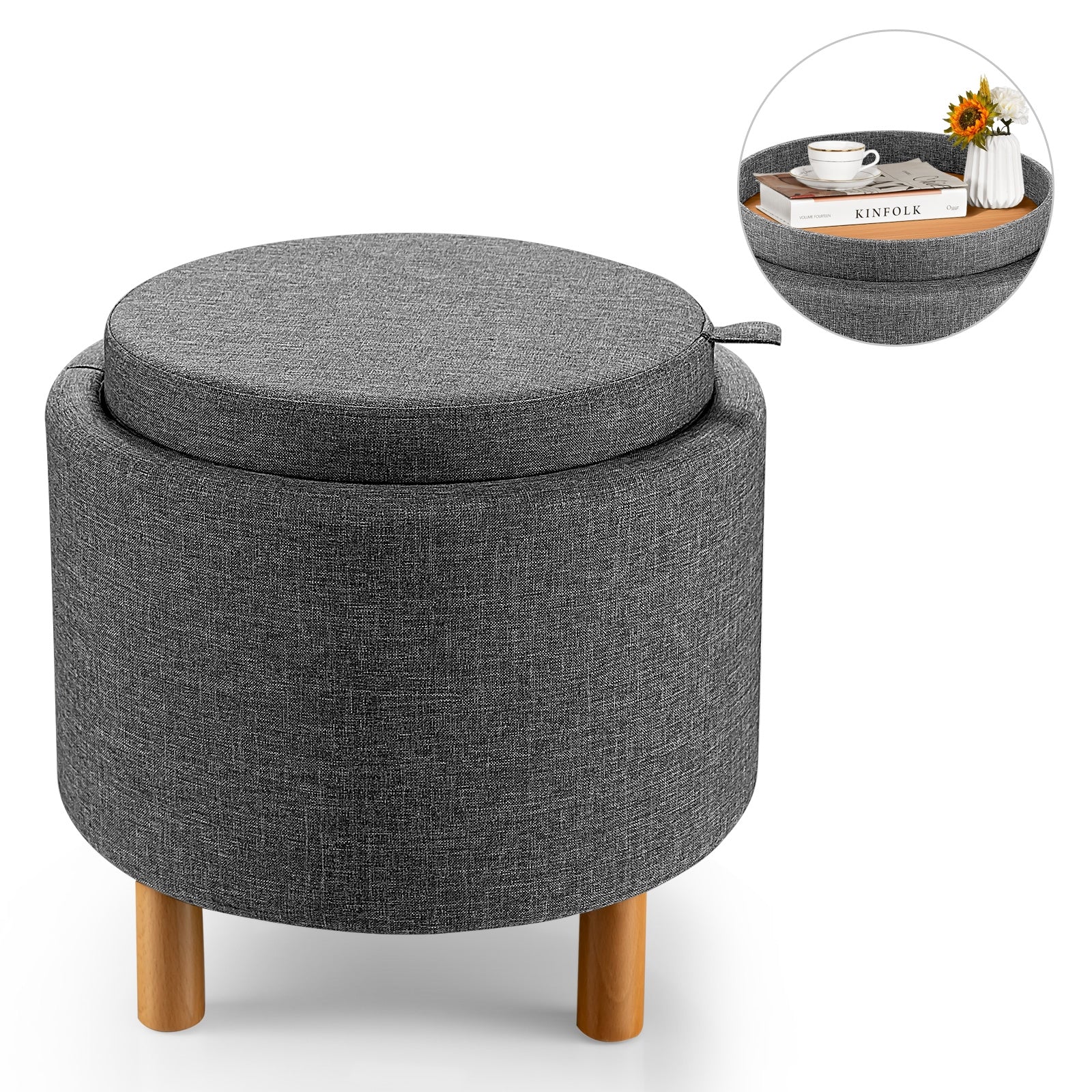 Round Fabric Storage Ottoman with Tray and Non-Slip Pads for Bedroom, Gray Ottomans at Gallery Canada