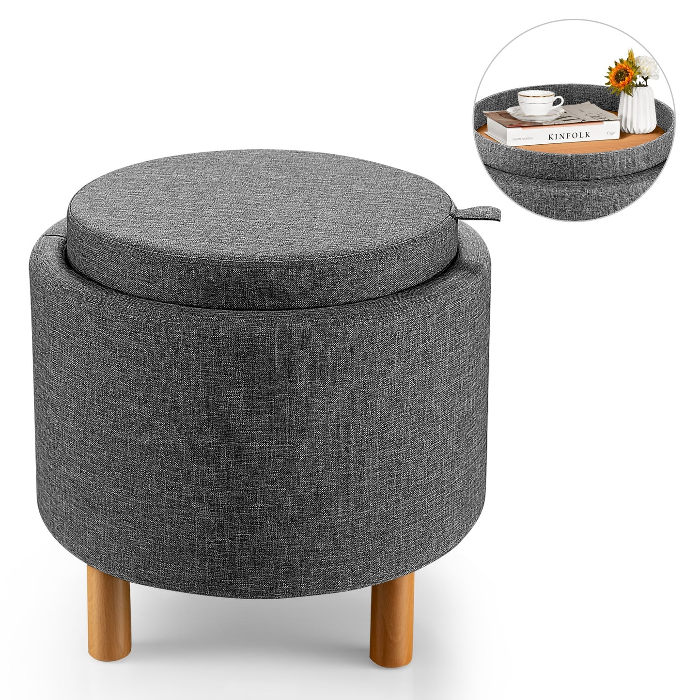 Round Fabric Storage Ottoman with Tray and Non-Slip Pads for Bedroom, Gray Ottomans at Gallery Canada