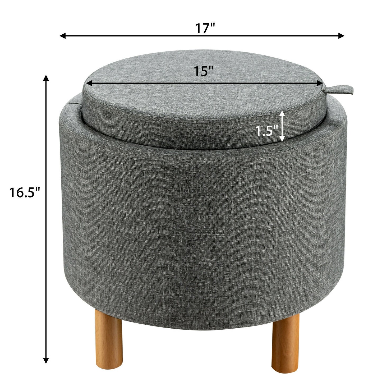 Round Fabric Storage Ottoman with Tray and Non-Slip Pads for Bedroom, Gray Ottomans at Gallery Canada