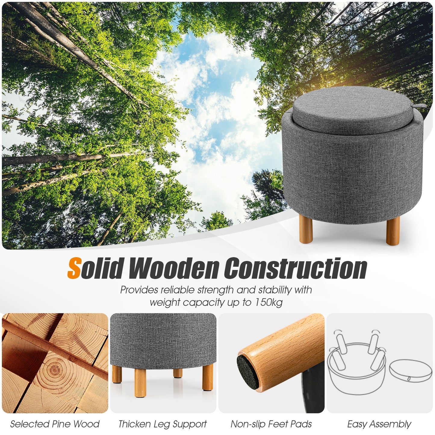 Round Fabric Storage Ottoman with Tray and Non-Slip Pads for Bedroom, Gray Ottomans at Gallery Canada