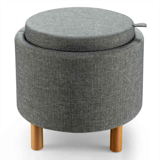 Round Fabric Storage Ottoman with Tray and Non-Slip Pads for Bedroom, Gray