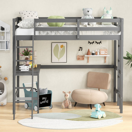 Twin Size Loft Bed Frame with Desk Angled and Built-in Ladder, Gray Bunk Bed Frame Gray at Gallery Canada