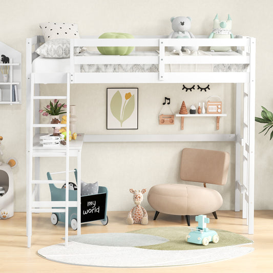 Twin Size Loft Bed Frame with Desk Angled and Built-in Ladder, White Bunk Bed Frame White at Gallery Canada