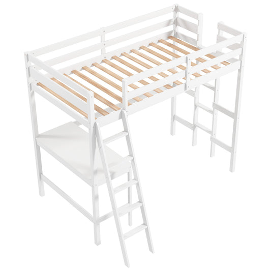 Twin Size Loft Bed Frame with Desk Angled and Built-in Ladder, White at Gallery Canada