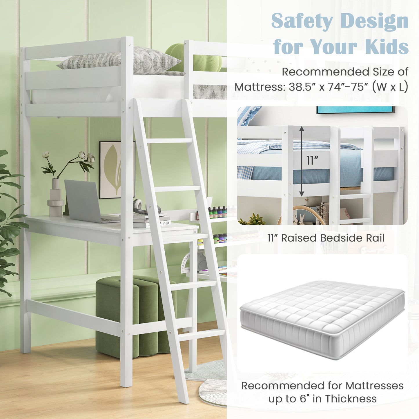Twin Size Loft Bed Frame With Desk, Angled Ladder, White Bunk Bed Frame at Gallery Canada
