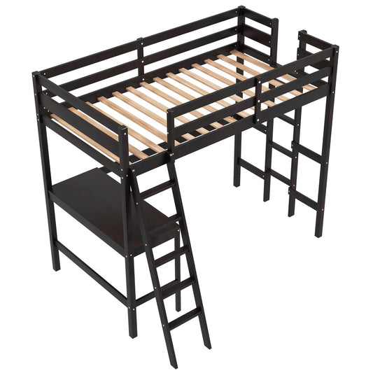 Twin Size Loft Bed Frame with Desk Angled and Built-in Ladder, Dark Brown at Gallery Canada