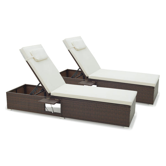 Patio Chaise Lounge Set of 2 with Backrest  Seat Cushion and Headrest for Backyard  Poolside, Off White