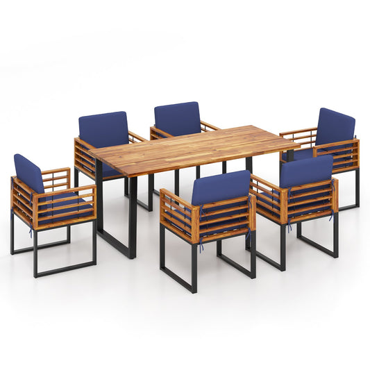 7 Pieces Patio Acacia Wood Dining Chair and Table Set for Backyard and Poolside, Navy