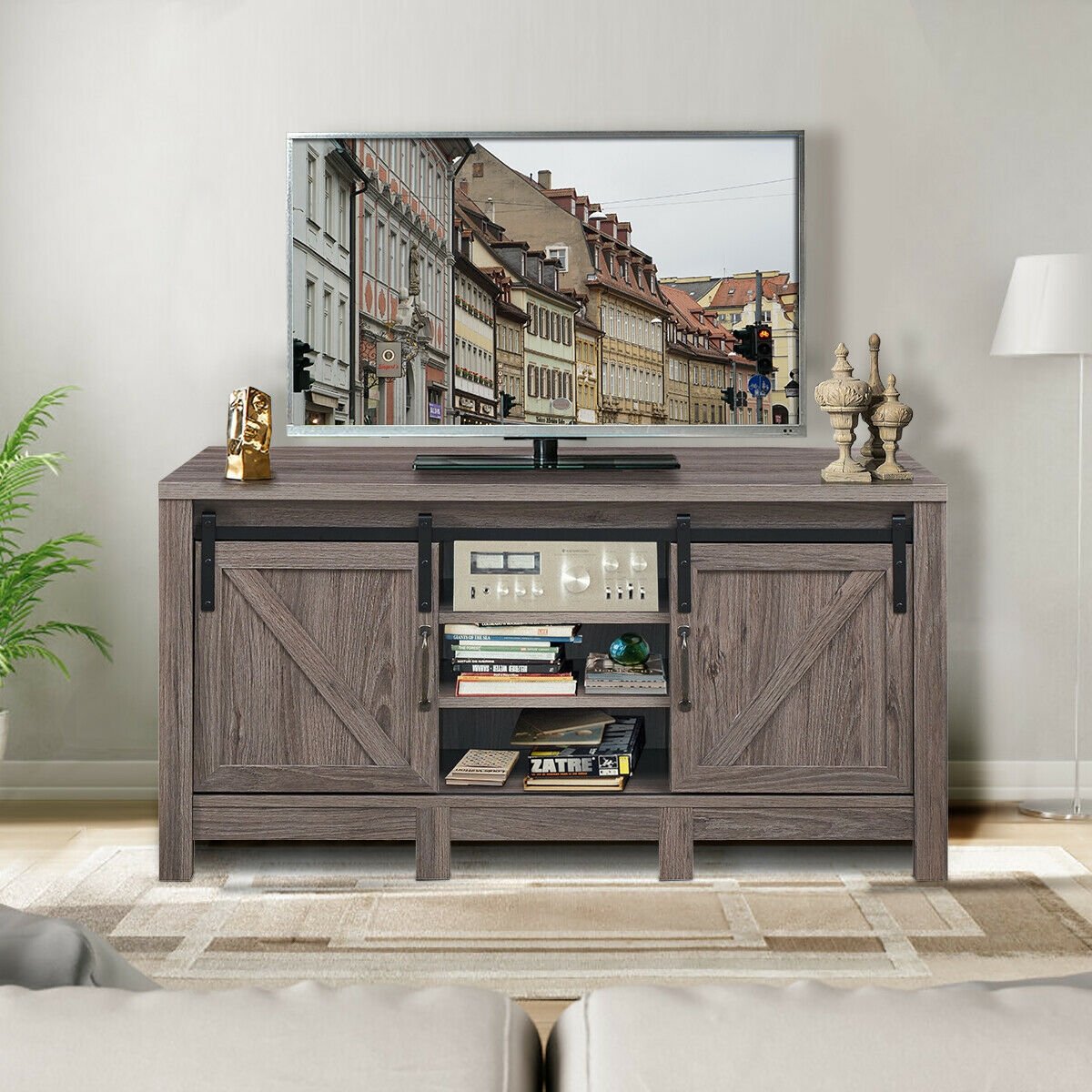55 Inch TV Sliding Barn Door Entertainment Center with Adjustable Shelves, Gray at Gallery Canada