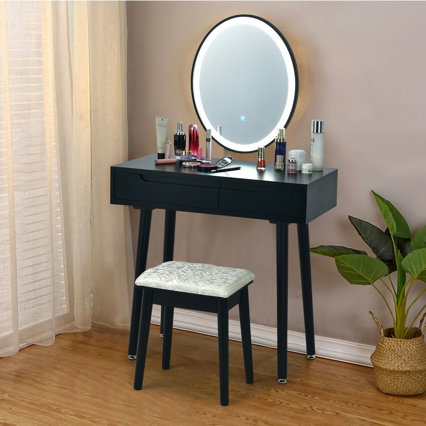 Touch Screen Vanity Makeup Table Stool Set, Black
